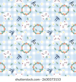 Vector pattern of fabric, wallpaper, wrapping paper, mats and bed sheets. Continuous and repeatable. Designed with flower wreath and cartoon cat. Cute style.
