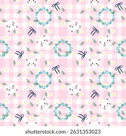 Vector pattern of fabric, wallpaper, wrapping paper, mats and bed sheets. Continuous and repeatable. Designed with flower wreath and cartoon cat. Cute style.