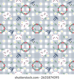 Padrão vetorial de tecido, papel de parede, papel de embrulho, esteiras e lençóis. Contínuo e repetível. Projetado com grinalda de flores e gato de desenho animado. Estilo bonito.