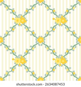 Vector pattern of fabric, wallpaper, wrapping paper, mats and bed sheets. Continuous and repeatable. Designed with vertical straight lines alternating with cut vine flowers. Cute style.