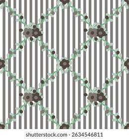 Vector pattern of fabric, wallpaper, wrapping paper, mats and bed sheets. Continuous and repeatable. Designed with vertical straight lines alternating with cut vine flowers. Cute style.