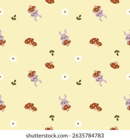 Vector pattern of fabric, wallpaper, wrapping paper, mats and bed sheets. Continuous and repeatable. Designed with rabbits, mushrooms and flowers. Cute style.