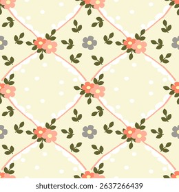 Vector pattern of fabric, wallpaper, wrapping paper, mats and bed sheets. Continuous and repeatable. Designed with alternating dots and flowers.