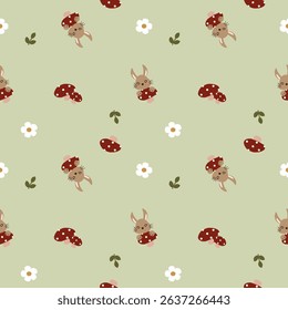 Vector pattern of fabric, wallpaper, wrapping paper, mats and bed sheets. Continuous and repeatable. Designed with rabbits, mushrooms and flowers. Cute style.