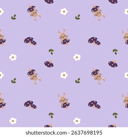 Vector pattern of fabric, wallpaper, wrapping paper, mats and bed sheets. Continuous and repeatable. Designed with rabbits, mushrooms and flowers. Cute style.