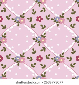Vector pattern of fabric, wallpaper, wrapping paper, mats and bed sheets. Continuous and repeatable. Designed with alternating dots and flowers.