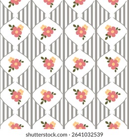 Vector pattern of fabric, wallpaper, wrapping paper, mats and bed sheets. Continuous and repeatable. Designed with alternating floral stripes. Cute style.