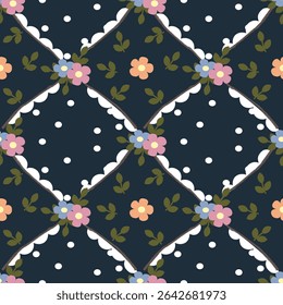 Vector pattern of fabric, wallpaper, wrapping paper, mats and bed sheets. Continuous and repeatable. Designed with alternating dots and flowers.