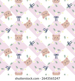 Vector pattern of fabric, wallpaper, wrapping paper, mats and bed sheets. Continuous and repeatable. Designed with alternating diamonds, flowers and cats in a cute style.