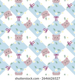 Vector pattern of fabric, wallpaper, wrapping paper, mats and bed sheets. Continuous and repeatable. Designed with alternating diamonds, flowers and cats in a cute style.