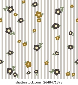 Vector pattern of fabric, wallpaper, wrapping paper, mats and bed sheets. Continuous and repeatable. Designed with stripes and alternating flowers in a cute style.