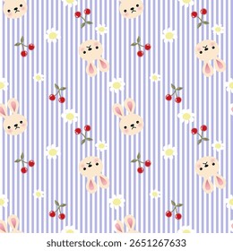 Vector pattern of fabric, wallpaper, wrapping paper, mats and bed sheets. Continuous and repeatable. Designed with alternating flowers, cherries and rabbits in cute style.