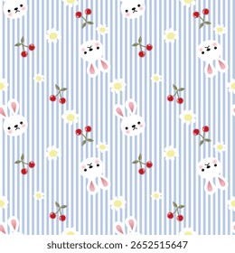 Vector pattern of fabric, wallpaper, wrapping paper, mats and bed sheets. Continuous and repeatable. Designed with alternating flowers, cherries and rabbits in cute style.
