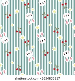 Vector pattern of fabric, wallpaper, wrapping paper, mats and bed sheets. Continuous and repeatable. Designed with alternating flowers, cherries and rabbits in cute style.