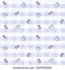 Padrão vetorial de tecido, papel de parede, papel de embrulho, esteiras e lençóis. Padrão contínuo e repetitivo projetado com flores e arcos em um fundo xadrez. Estilo bonito.