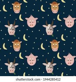 Vector pattern of farm animals in a circle of stars and the moon. Cute Cow, Horse and Pig portraits in cartoon style. Isolated background for children's textiles. Vector illustration