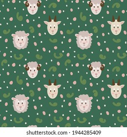 Vector pattern of farm animals on a green background. Cute portraits of goat, sheep and ram in cartoon style. Isolated background for children's textiles. Vector illustration