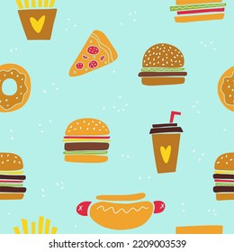 Vector pattern of fast food. Hamburger, pizza, coffee and other fast food drawn in a doodle style.