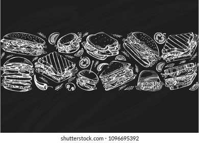 Vector pattern with fast food on the blackboard