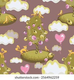 Vector pattern features a playful and warm design with stylized apple trees, heart shaped balloons, cheerful cats, and yellow birds. The background is a subtle taupe gray tone, adding a sense of calm