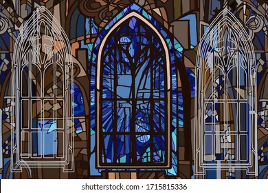 Vector pattern featuring abstract fantasy colorful night Gothic city. Stained glass texture. Hand drawn.