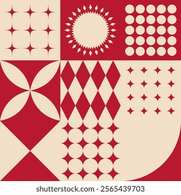 Vector pattern featuring abstract geometric tiles in red and beige tones with modern Chinese-inspired motifs. Perfect for textiles, wallpapers, and decorative designs.