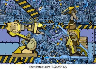 Vector pattern featuring  abstract robotic arms and industry or steampunk machines. Fantasy technology or factory background with decorative machine sketch line art elements. Hand drawn.