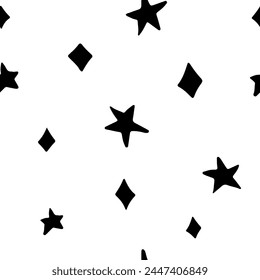 Vector pattern featuring abstract stars and dots, seamless and monochrome, perfect for whimsical design projects.