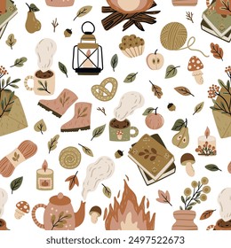 A vector pattern featuring autumn attributes: leaves, pumpkins, pies, jam, cozy sweater, scarf. Ideal for fabric printing, wrapping paper, greeting cards, and seasonal home decor 