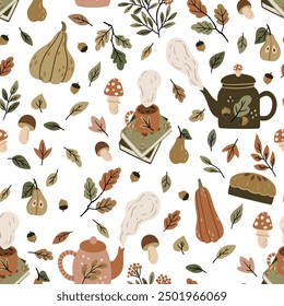 A vector pattern featuring autumn attributes: leaves, pumpkins, pies, jam, cozy sweater, scarf. Ideal for fabric printing, wrapping paper, greeting cards, and seasonal home decor