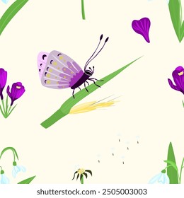 A vector pattern featuring butterflies, dandelions, and crocuses in a 3D vector style. The seamless pattern is perfect for use on backpacks, stationery, gift wrapping paper, and greeting cards.