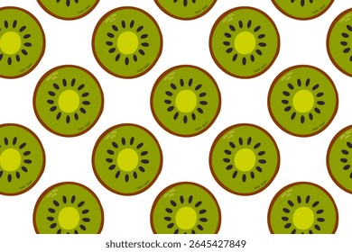 Vector pattern featuring repeated kiwi slices with seeds. Perfect for food-related backgrounds, packaging design, and tropical fruit visuals