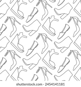 Vector pattern featuring stylish linear illustrations of high heel women's shoes, ideal for fashion blogs, shoe retailers, and feminine designs.