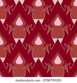 Padrão de vetor com formas florais e de lágrimas simétricas em tons de vermelho, rosa e bege, com destaques em contorno criando um design vibrante e intrincado. Perfeito para uso de tecido ou fundo