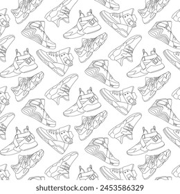Vector pattern featuring a variety of sneaker models, perfect for sports enthusiasts, fashion designs, and shoe-related projects.