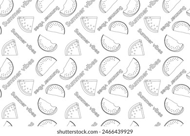 Vector pattern featuring watermelon slices and Summer vibes text in a black-and-white outline, perfect for coloring pages and summer-themed designs.