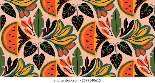 Padrão de vetor com fatias de melancia e folhas de selva em negrito laranja, verde e preto. Ideal para têxteis, arte de parede e embalagens com tema de verão