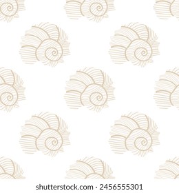Vector pattern featuring whimsical cartoon seashells. Includes colorful doodle-style elements of tropical mollusk formations and marine life, perfect for underwater-themed designs.