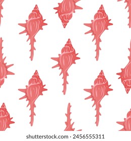 Vector pattern featuring whimsical cartoon seashells. Includes colorful doodle-style elements of tropical mollusk formations and marine life, perfect for underwater-themed designs.