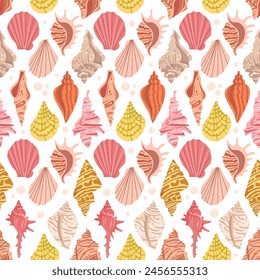 Vector pattern featuring whimsical cartoon seashells. Includes colorful doodle-style elements of tropical mollusk formations and marine life, perfect for underwater-themed designs.