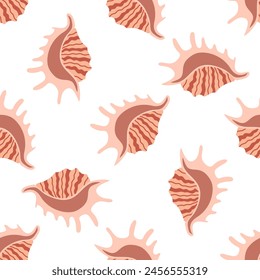 Vector pattern featuring whimsical cartoon seashells. Includes colorful doodle-style elements of tropical mollusk formations and marine life, perfect for underwater-themed designs.
