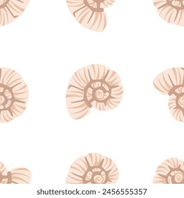 Vector pattern featuring whimsical cartoon seashells. Includes colorful doodle-style elements of tropical mollusk formations and marine life, perfect for underwater-themed designs.