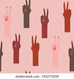 vector of pattern of female hands showing a peace sign. Two fingers raised up. Peace and Victory. 