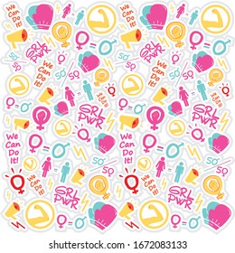 Vector pattern femenism illustration. Background image. banner, sticker. wallpaper. girl power. women; hi for she, we can do it; 