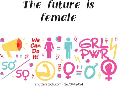 Vector pattern femenism illustration. Background image. banner, sticker. wallpaper. girl power. women; hi for she, we can do it; 
