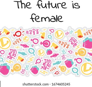 Vector pattern femenism illustration. Background image. banner, sticker. wallpaper. girl power. women; hi for she, we can do it; 