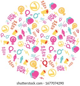 Vector pattern femenism illustration. Background image. banner, sticker. wallpaper. girl power. women; hi for she, we can do it; 