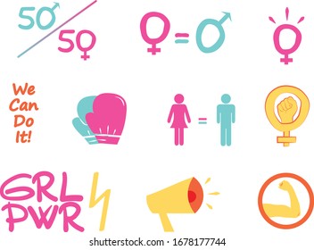 Vector pattern femenism illustration. Background image. banner, sticker. wallpaper. girl power. women; hi for she, we can do it; 