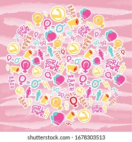 Vector pattern femenism illustration. Background image. banner, sticker. wallpaper. girl power. women; hi for she, we can do it; 