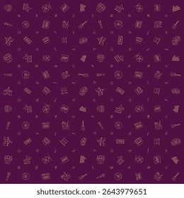 Vector pattern of festival masks, drums, studio lights, equalizer, visualizer, mic, vinyl, sound, hands of music concert audience, guitar, circus tent, tickets, shop, and magician hat. festival theme